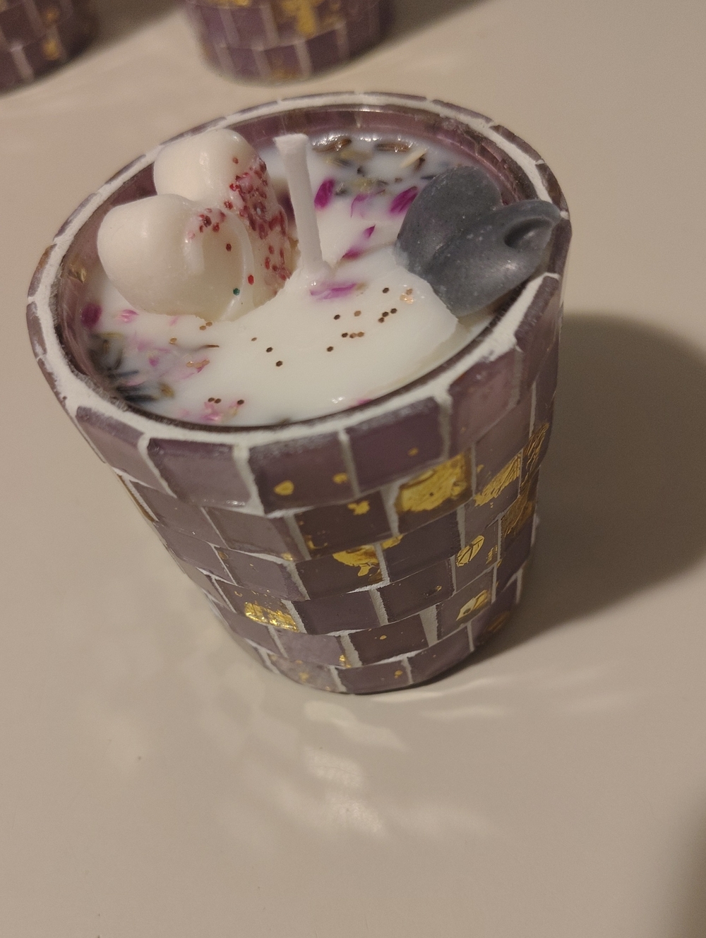 Lavender Mosaic Scented Votive Candle - Decorative Heart & Flower Accents